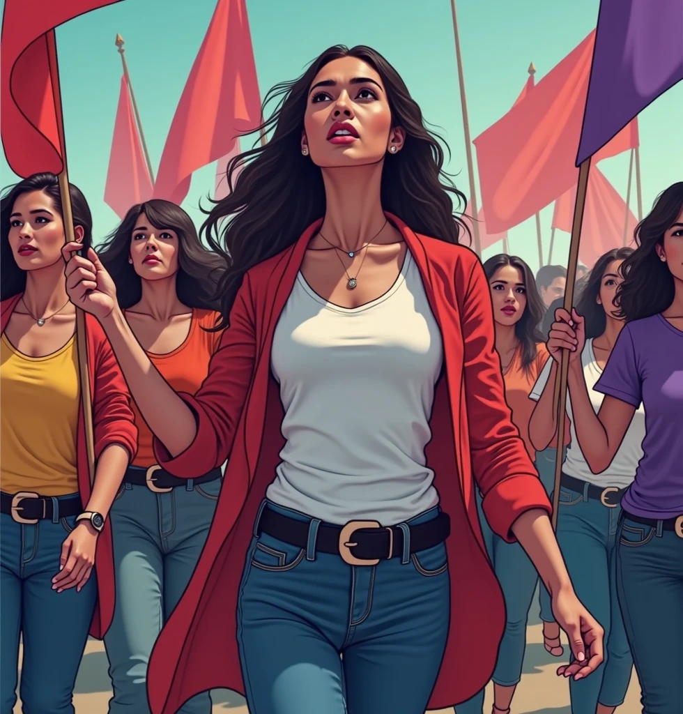 woman, scared, black hair, yellow shirt, denim pants, protesting, crowd, american flags, city, daytime, comic book style, flat shaded, prominent comic book outline linework