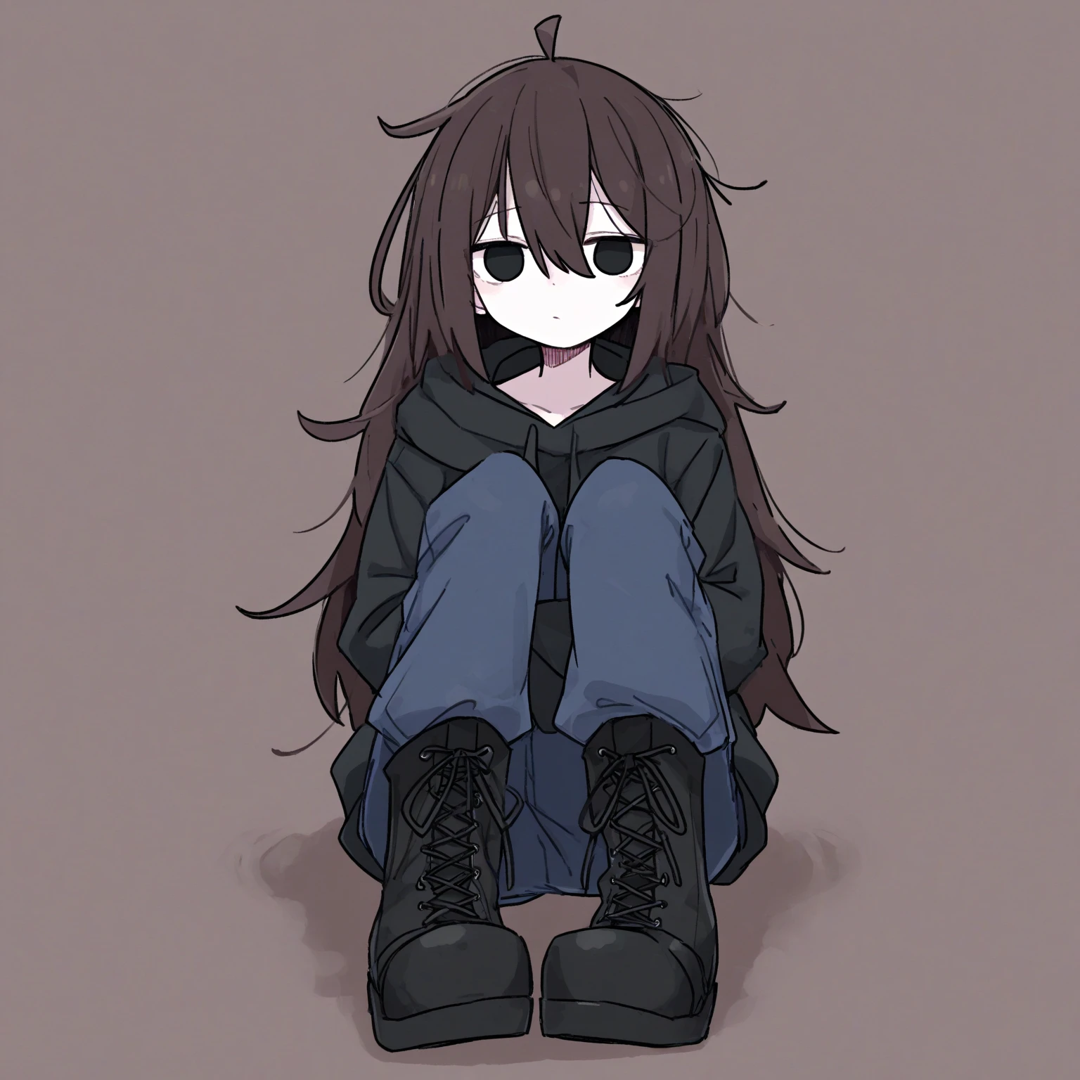Girl with brown hair, black hoodie and black boots with fur