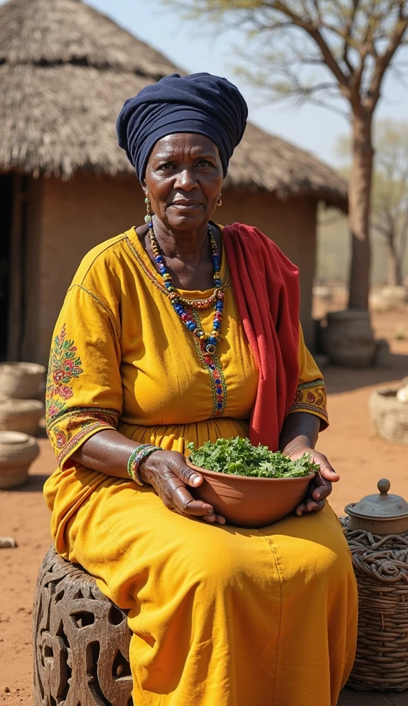 elderly, a corpulent black woman wearing a white blouse and skirt, with a white cloth on her head, holding a white porcelain basin of mashed herbs, in a humble clay backyard. 