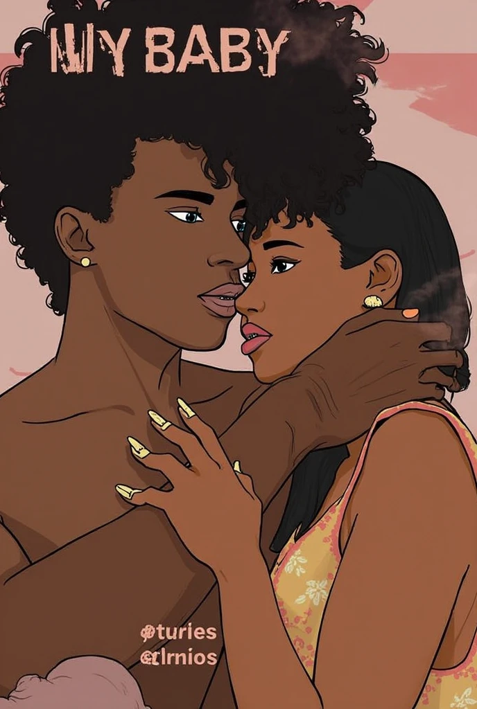 Sexy pink hair girl, curly and long, with pink lips violet eyes, He was looking into the face of another girl with dark skin and blue eyes while holding her lips with tension, a dwarf with dark skin. , short black pixie hair cut very short above the ears in a catholic school 