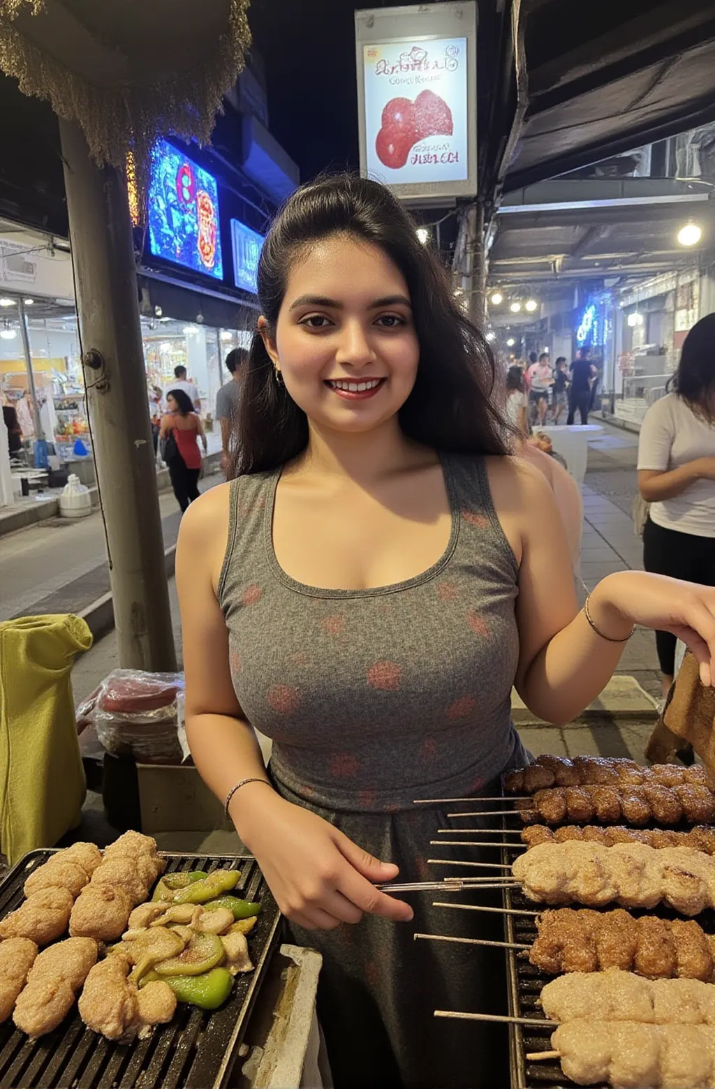 ((crouching southeast Asian staff grilling meat at the market, stalls, put the heel on the ground)), ((smiling, upward glance, wear a thin short apron with various patterned and colored, unbuttoned shirt, sweat, looking at me to seduce, slut)), small breasts, (hiding her beautiful nipples with Asian traditional apron), (food festival at night, customers, place many people pass), (((spread legs to service to show off her pubic hair in the dark))), braid,