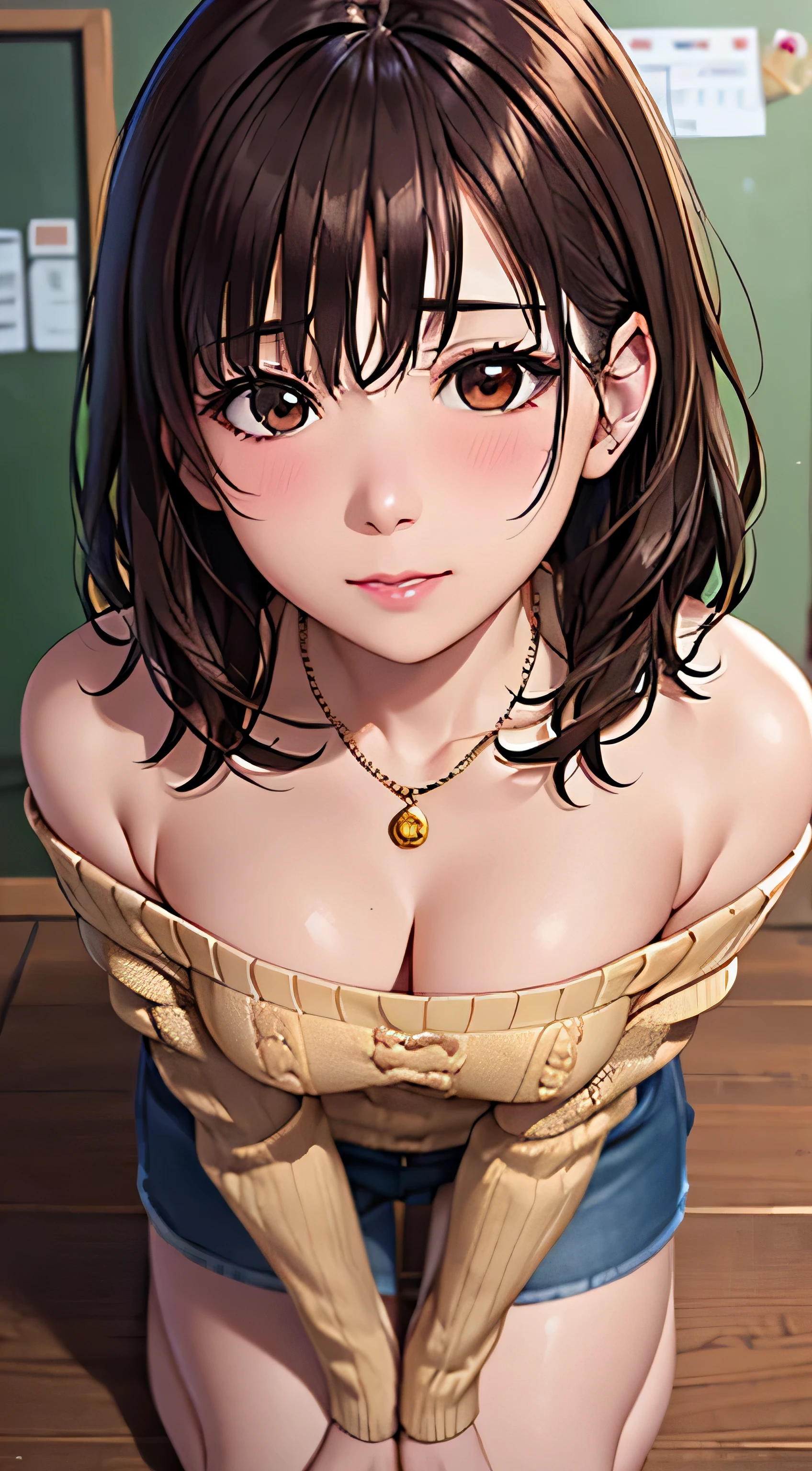 (masterpiece, best quality:1.2), nsfw, Hitomi, 1girl, solo, solo focus, (beautiful detailed brown eyes:1.2), short hair, smile, looking at viewer, camisole, miniskirt, pokies, ((pillory:1.2)),