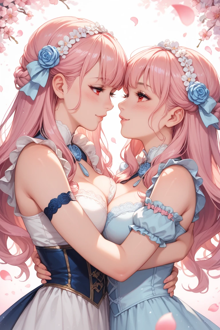 Create an enchanting anime-style illustration featuring two fox-eared girls sharing a tender kiss. The first girl has long, flowing pink hair, bright blue eyes, and fluffy pink fox ears. She wears a beautiful white kimono adorned with delicate pink and purple floral patterns, accented by a deep pink obi (belt) tied in a large bow at the back. A blue flower accessory sits gracefully in her hair, complemented by a choker necklace with a sparkling blue gem. The second girl is shorter, with shoulder-length white hair, large red eyes, and fluffy white fox ears. She dons a similar kimono, featuring a predominantly white base with soft pink accents and a distinct floral design. Her obi is also deep pink, tied in a large bow, and she wears a pink flower accessory in her hair. As they kiss, their warm and cheerful expressions convey a deep sense of love and connection. They are surrounded by a soft, pastel background that enhances the overall gentle and heartwarming mood of the scene. The lighting around them is darker, creating a contrast that emphasizes the intimate moment and adds depth to the illustration. This deeper lighting effect adds a touch of mystery and magic to the atmosphere while still maintaining a serene vibe. Ensure the details of their kimonos, hair, and fox ears are intricate and vibrant, capturing the enchanting essence of the characters.