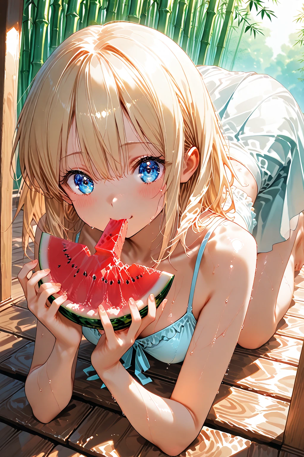 One girl, blonde short hair, wearing a swimsuit and eating Watermelon,(((masterpiece))), (((best quality))), ((ultra-detailed)), (illustration), (detailed light),((an extremely delicate and beautiful)),(beautiful detailed eyes),