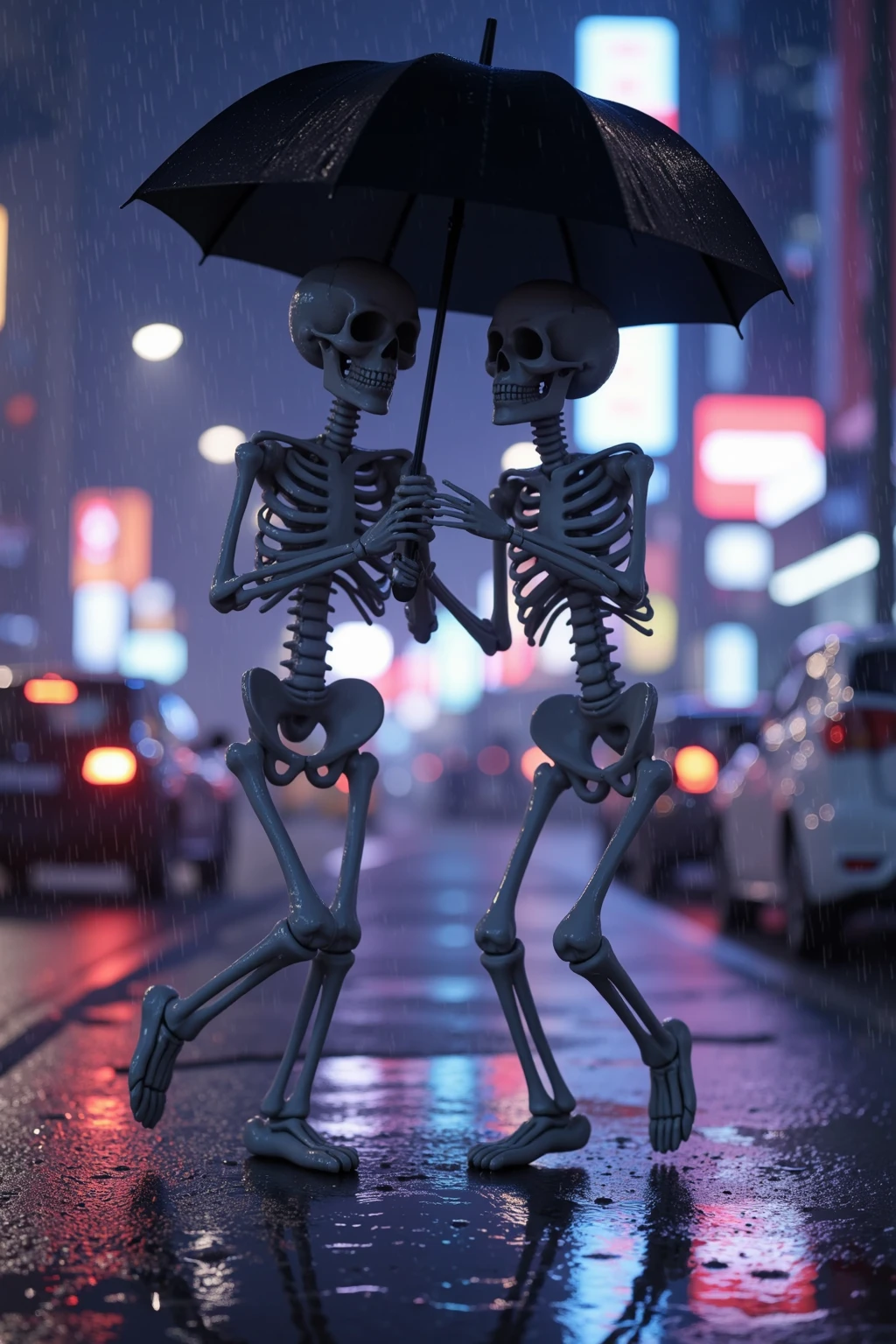 (masterpiece:1.2) (best quality) (detailed) (intricate) (8k) (HDR) (wallpaper) (cinematic lighting) (sharp focus), CGI anime artstyle,2.5D, dusters from go go loser ranger,guys wearing a jet black suit with a cartoon-ish skull face, dark, dancing pose,Night lights,rain droplets,dark background,slow mo-image