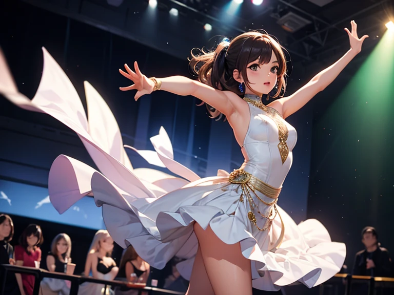 tmasterpiece,A high resolution,8K,CG animation,A woman stands on stage,In the introduction of goods