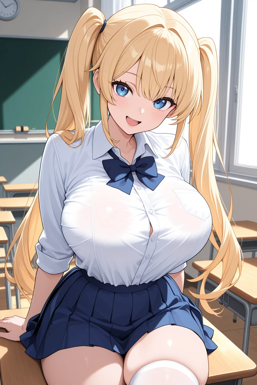 (One girl), Beautiful smile,Bullish expression, Sweat,Blushing,Close your mouth,Glossy Lips,Abstract, School, masterpiece, highest quality, so beautiful, Absurd, up to date, Complex details,(Touch your face with your hands), Pink long nails,AI-generated, Complex,High resolution, highest quality, super high quality,3D Images、View the viewers、3D Images,one person,anime girl with long blonde hair and blue eyes posing for a picture, [[Fine grain、Colorful eyes、Shining Eyes:1.]],(Squint your eyes),a hyperRealistic , hyperRealistic , Realistic , blonde anime girl with long hair, Smooth anime CG art, Beautiful anime school girl,White long sleeve blouse,Blue checked skirt,Big blue chest ribbon, Earrings,(Large Breasts:1.3), Mature Body,Fine details,Abdominal muscles,