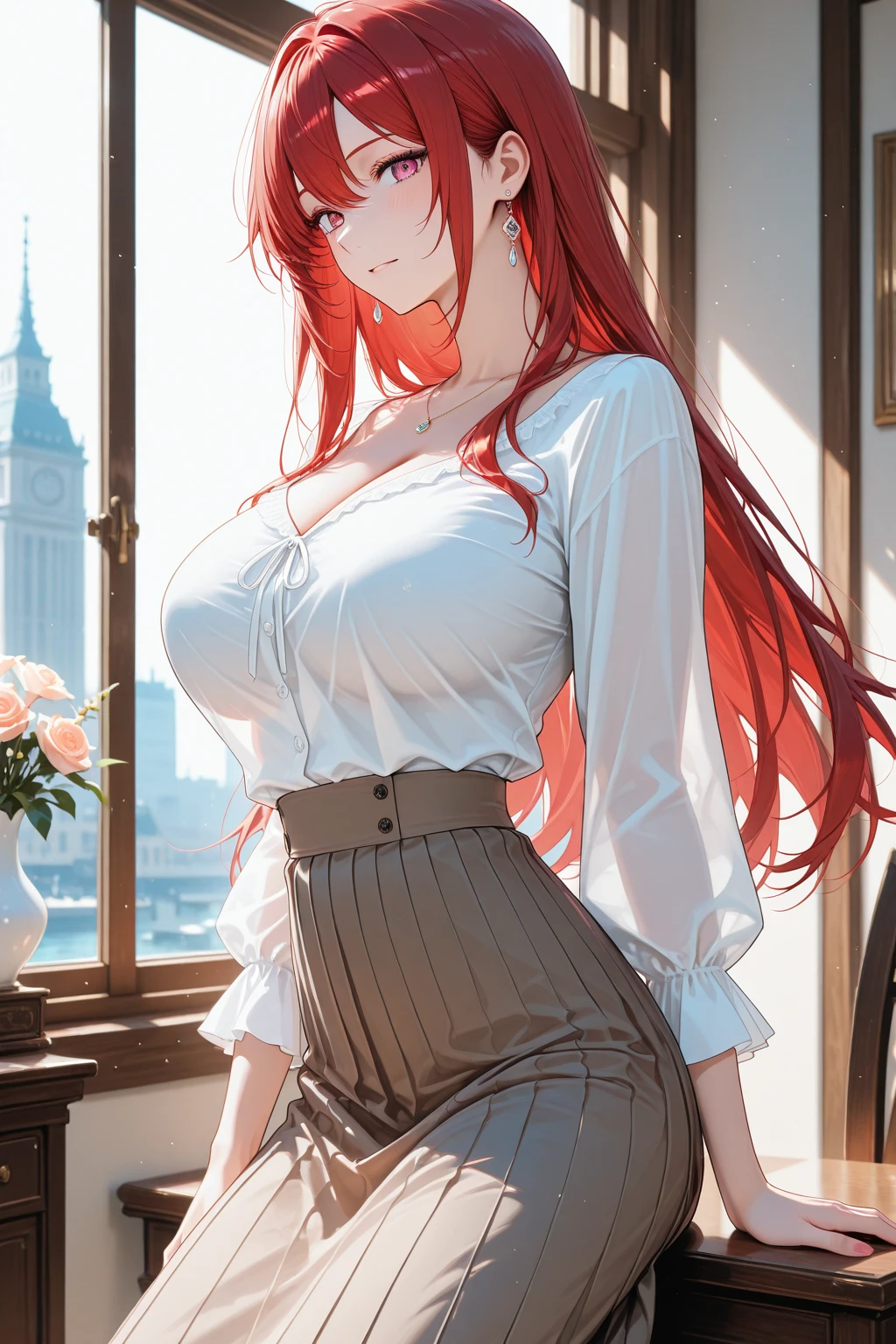 An anime girl with red hair and blue eyes wearing a skirt and an open shirt revealing a black and red bra