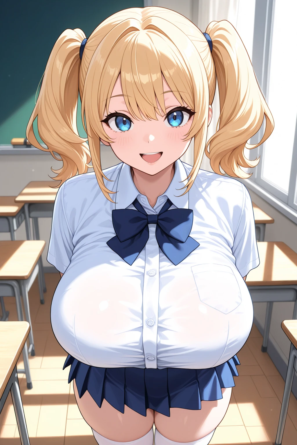 Highest quality、High resolution、Detailed Background、(Beautiful face in every detail:1.4)、Anatomically correct、(Highly detailed face)、(Detailed eyes)、Teenage beauty、(Huge breasts:1.3)、Perfect body line、Light color hair、Braided bob cut、cute hairstyle、well-groomed eyebrows、
Attractive upper arms、Excited、Crying face、Blushing、Accentuate your armpits、Show your shoulders and arms、Accentuate your cleavage、
(Woman posing with exposed armpits and looking at camera with embarrassed expression:1.5)、(Her white sleeveless blouse is so big that the buttons are about to come off and rip.:1.5)、Sitting at a desk in a school classroom、Navy blue pleated mini skirt、White Pantyhose、Panty Shot、cute