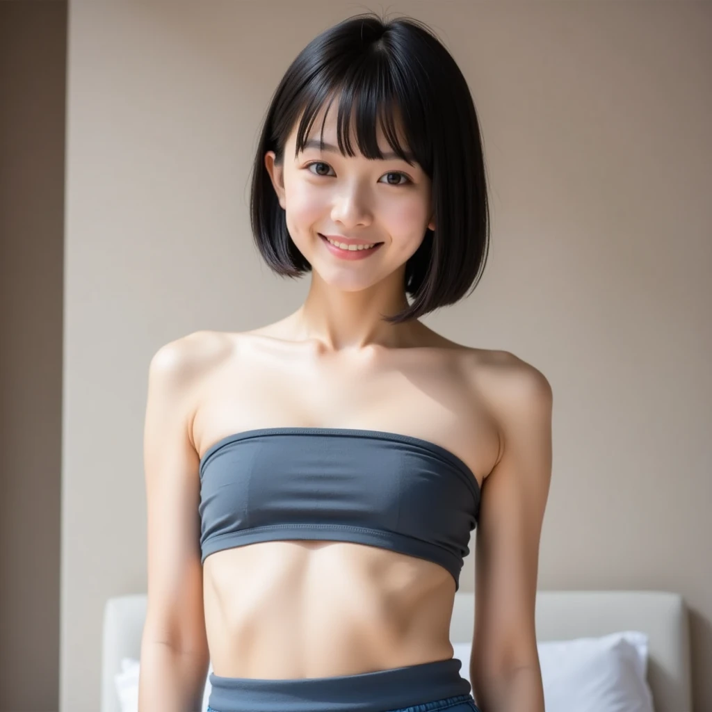 Neat and clean elementary school students, petite person, shores, (slim, Small, Flat, Small), Short black hair, Photorealistic, detail, Skin Texture, Ultra Detail, delicate sexy collarbone, Smile, Super Detailed Face, Detailed lips, Detailed eyes, 10years old girl、Delicate eyebrows、Two girls on ball bokeh background , 10yaers old, Happy smile, masutepiece, Best Quality, Detailed, Lori, elementary student, (shortsleeves),Lori, tits out, (slender:1), japanse, small brest, Vulgarity, The wind is blowing,tits out、small tits、Detailed, Lori、Just Waist Panties、Wear underwear in sober colors、Navel、full body Esbian、childish figure、Inches、hands behind back、Sports bras in muted colors、Looking at the camera、Facing forward