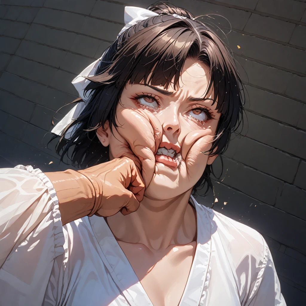 ((solo)),portrait,pov,(1girl),nsfw, (High quality, Ultra detailed, best quality, insanely detailed, beautiful),8K,anime,toxic art,(((she is brutally knocked on the face:1.3))), (((monstrous men punching her cheek:1.2))), (((knocked in the face))), (((assaulted))), pain, (((her cheek is deformed by the violent impact:1.3))), (her chin is deformed by the impact),(((strangled woman view:1.17))), (scratch on face or breast),(Are Are crying, Weak and tired eyes, tears: 1.2),( Bruises or blood on the face or body, Blood flowing from the head and face, Bodily injury or injury, Wounds and cuts, Bleeding lips: 1.2), (Tattered clothes: 1.2), Bloodstains on clothes,(((torn clothes))), (((exposed naked breasts))), (((fast strangling movement effect:1.2))),break,chun-li was the torture death match victim,sf2 chun,young,24yo,double bun, bun cover, China dress, Chai Pao, Blue clothes, Puffy sleeves, Brown pantyhose, White Belt, huge breasts,thick body,break,Arms tied,(breast bondage:1.3),shibari arms,bondage,(arms behind back:1.29),restraint rope,Sweaty body,tearsdrop,break,In the underground cage,Anatomically correct、Severe injuries to face and body、Ropes that dig into the body、Tied up with rope,meatshield style