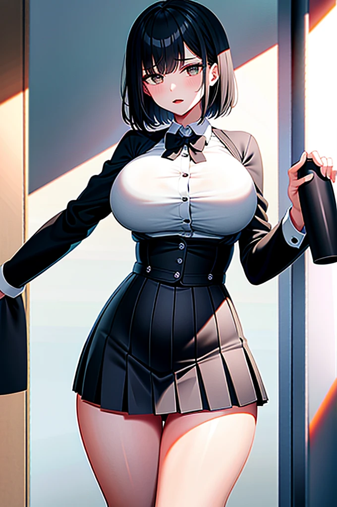 short black hair, with slightly messy bangs. Dark, penetrating brown eyes. Thin and marked build. short black leather skirt, a loose white shirt and a plaid jacket. She completed her outfit with tall boots. Busty.
