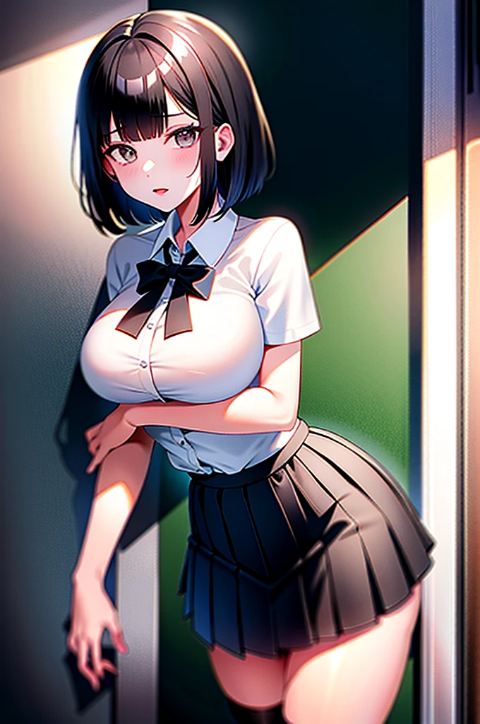 (1 person、solo), Beautiful woman, Anatomically perfect body, thin、(White tennis wear、skirt、extra detailed side tie panty), (Look down:1.2), (Pussy juice:1.1)、(Embrace your chest:1.2)、20-year-old、(highest quality)、Black Hair, (half updo)、(8k, High resolution)、(shy:1.4)、Mid-chest, (steam:1.1), (embarrassed:1.3), Erect nipples、multiple angles、(Inner thighs)