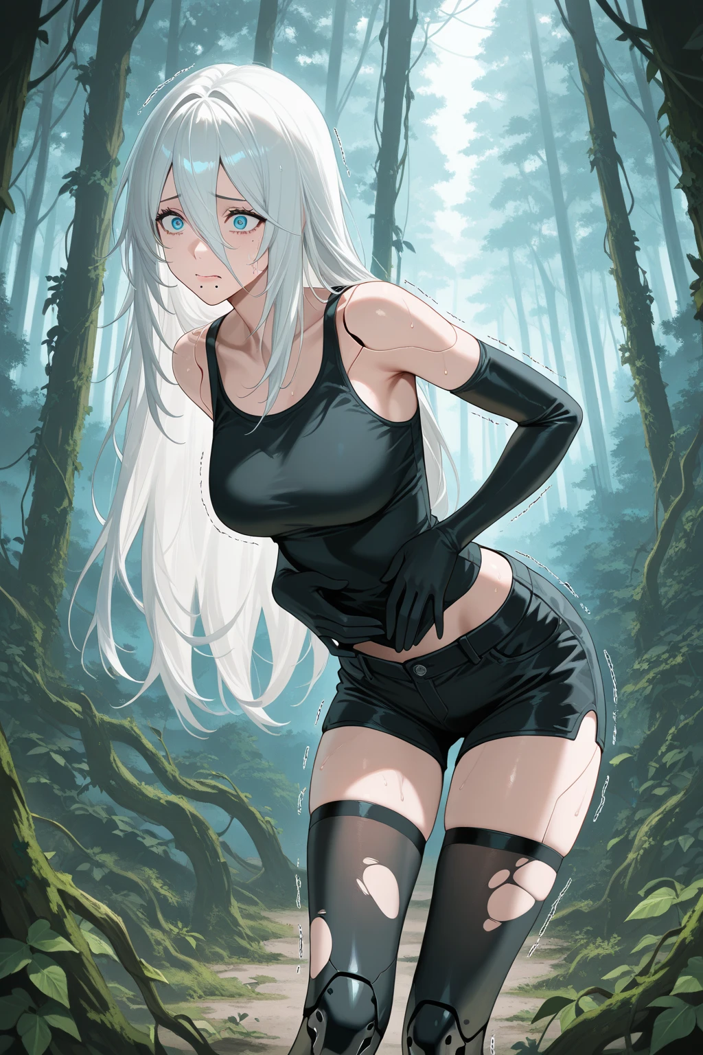 ((1 woman in sexy ripped gym top)),((big breasts)),((happy face, in a forest)),((walking, wet pussy, erect nipples,bare breasts,naked pussy)),( (hair very large pubic hair)),((large black hair with short coqui, with very large bangs covering the face, Blue eyes)),((facing the viewer, in a forest)),