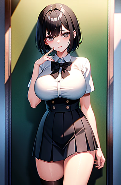 NFSW、masterpiece、Highest image quality、ultra high resolution、Medium-sized elementary school girl、red and large eyes,、black short hair、The inside of the hair has blue coloring.、(Two red hairpins)、red face、shyly、excited、((Wear a grey cardigan))、White shirt with cleavage visible、pencil skirt、pussy juice,((In the park at night))、((Spread Pussy))、Sensual gravure idol、seductive pose、poses that invite sex