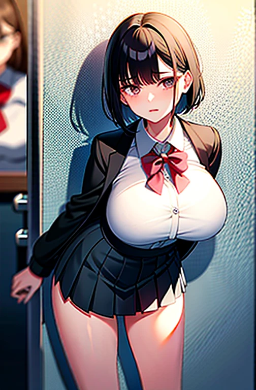 1 woman, 17 years old, (updo, red and black hair), plump body, red eyes, Indonesian high-school uniform, (white transparent shirt, off-shoulders), osis logo on shirt pocket, huge breasts, light-grey pleated skirt, sitting on a chair, seductive pose, full body shot, side view, smiling, in the classroom.