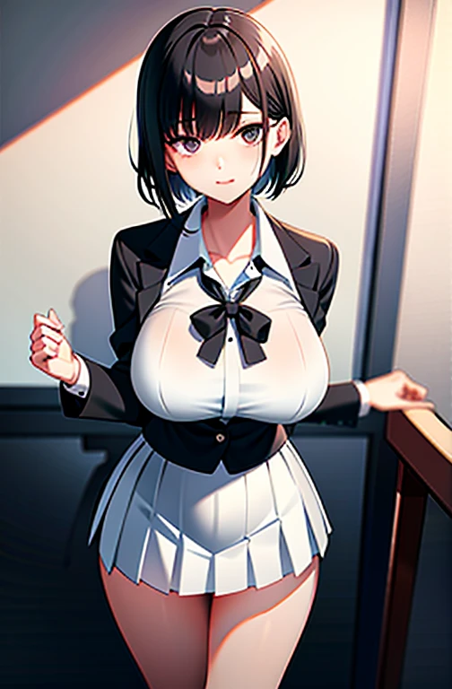 Ultra High Resolution, UHD, absurderes, RAW photo, Masterpiece, Best Quality, 8K, ultra-photorealistic, (1 girl), intricate details, ultra-detailed, detailed face, detailed body, dramatic lighting, beautiful lighting, standing up, blushing, smile, green eyes, gorgeous eyes, short hair, bob hair, bangs, black choker, topless, exposed breasts, (black hair), (black pleated mini skirt), classroom, gorgeous face, gorgeous girl, large breasts, cleavage, hourglass body, gorgeous body, vivid colors, full body view, sharp focus