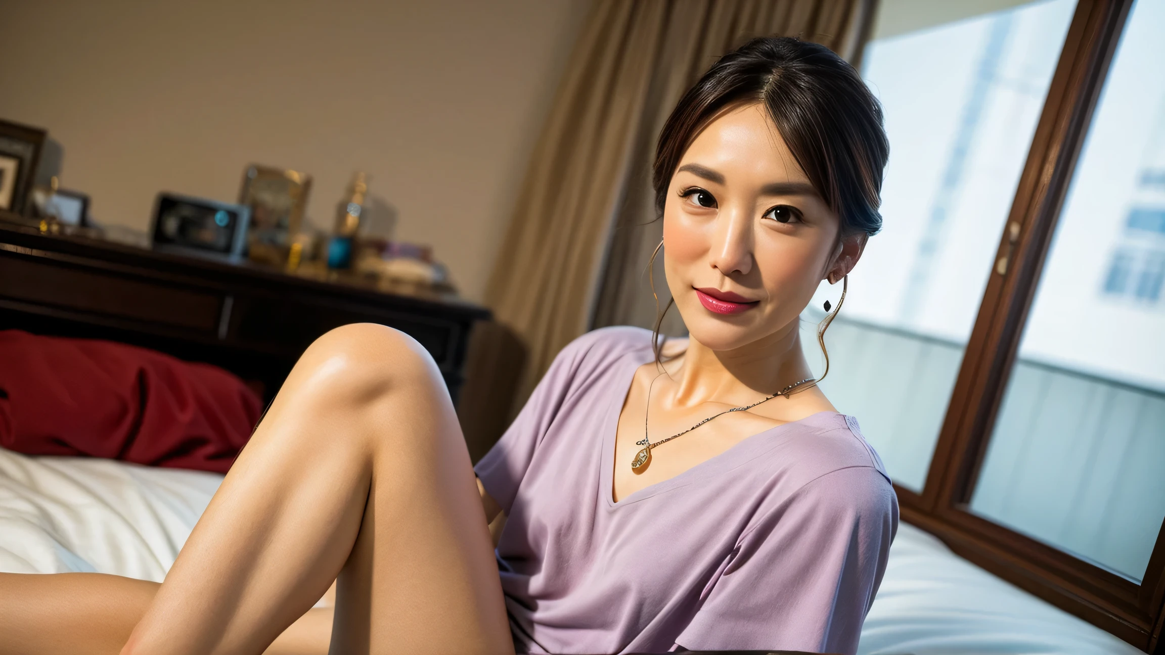 (realistic, photo-realistic:1.4), (top quality, masterpiece:1.2), Original photo, high res,, Very Detailed, Very Detailed, Very Detailed, accurate, camera , Alone, 40 year old Japanese mature , ( sitting with legs wide open ), ( small breasts, 白のthin生地のtシャツ , flat chest, small bust size:1.5), Slim, thin, slender, dark hair , detailed face , detailed eyes, My skin is white, Sensual look in bed at night , necklace , bracelet, earrings for a single woman, Gems ,( interesting clothes :1.6),Photo Backgrounds , indoor, Home, Lace-trimmed rose-patterned sexy panties with protruding nipples