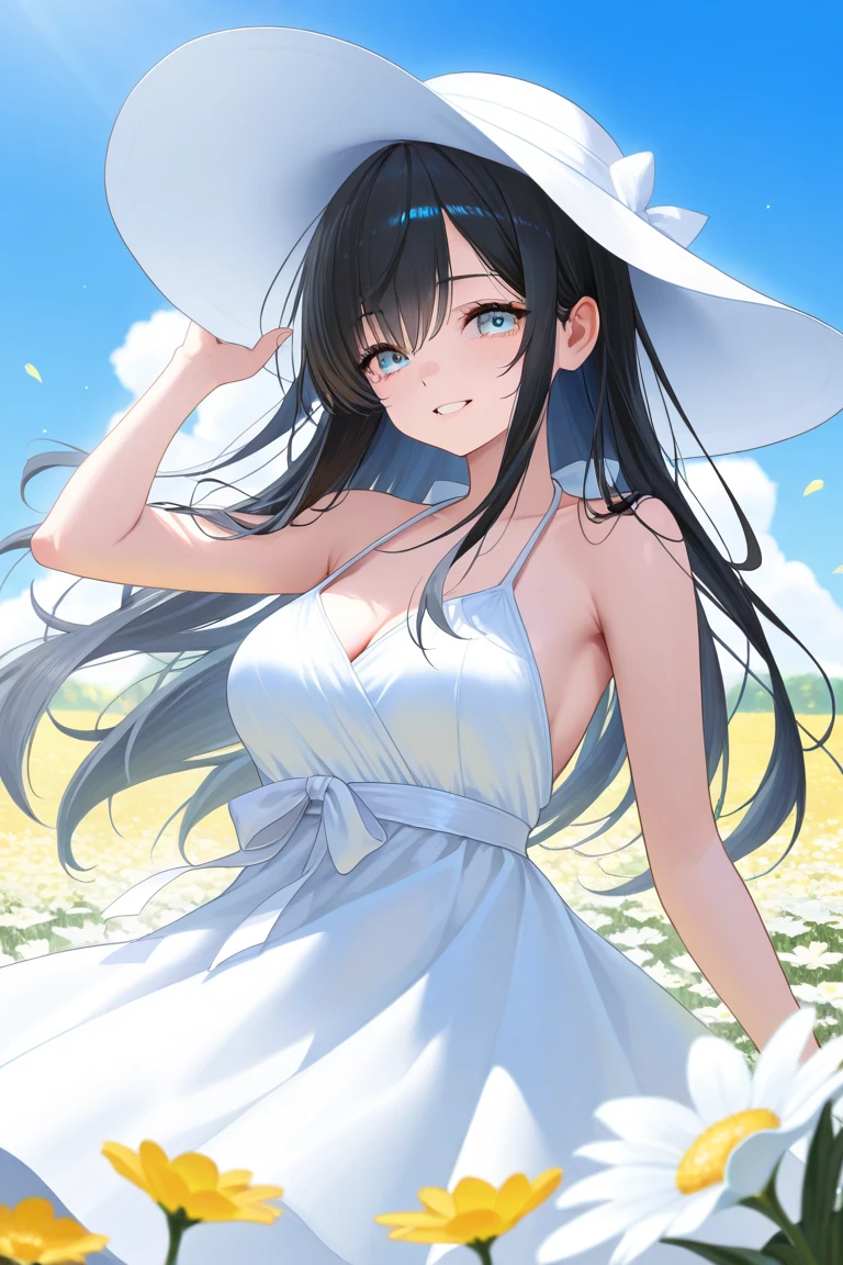 1 woman,Straight hair, long black hair,Standing in the park, smiling, two finger pose, short dress, white dress, strap dress, visible cleavage, wearing a white hat, holding flowers,half body photo, ultra detail, ultra hd, very big breast