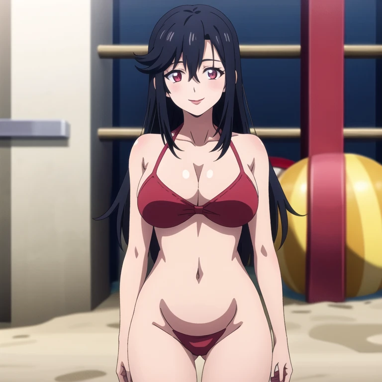 score_9, 1girl,solo, large breasts, (hinata, hyuuga hinata, purple eyes, blunt bangs, black hair) big breasts, perfect breasts, large breasts, round breasts, sexy body, slim waist, nice hips, skinny, nice thighs, black bra, cleavage, bare shoulders, collarbone, tight bra, underboob, slim waist, red thong, red panties, hands behind head, full body shot, long legs, bare feet, basic background, plain background, photoshoot, white backdrop, perfect eyes, glowing eyes, beautiful eyes