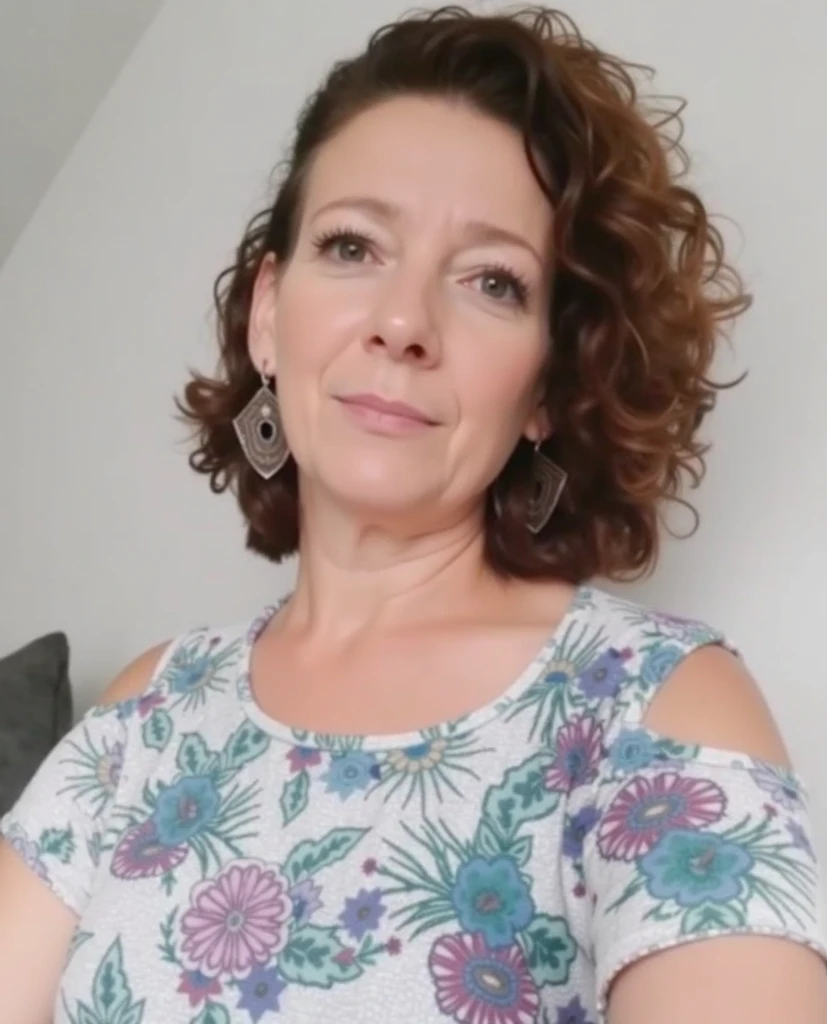 a beautiful woman with brown wavy hair, detailed facial features, flawless porcelain skin, elegant posture, flowing dress, serene expression, detailed fashion, intricate jewelry, soft natural lighting, cinematic composition, photorealistic, 8k, best quality, masterpiece