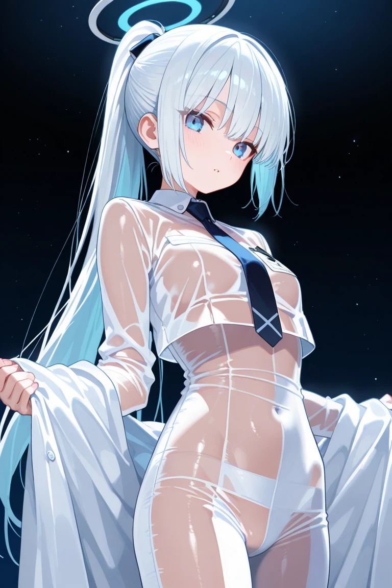 1girl,solo,cowboy shot,standing,(blonde hair:1.4),(long hair), straight hair,bangs,ice flower ornament,(blue eyes:1.2), (beautiful fingers:1.4),(perfect anatomy:1.4),(arms_behind_back:1.6),(cold_shoulder:1.2),(nun clothes:1.6),(leotard:1.4),(leather lace glossy silk lamé:1.4),(latex luster shiny glossy:1.6),(shiny_clothes:1.6),medium breasts,beautiful breasts,masterpiece,best quality,(Ultra high definition eyes:1.2),8k,(Beautiful detailed eyes:1.2),(Fine and beautiful eyes:1.2),(pretty eyes:1.2),finely detail,extremely CG, absurdres,high resolution,illustration,Detailed and beautiful outlines,finely detail,high resolution,(colorful refraction:1.4,Increase saturation:1.2),beautiful lighting,dynamic lighting,closed room,black background,simple background, smile,looking at viewer,mabel rayveil, hair ornament, flower, hair flower, blunt bangs,long sleeves,dress, (jacket), shorts, puffy sleeves, short shorts, black shorts,BREAK,(white thigh boots:1.4),(white Clear PVC sheets sleeves:1.4),(sheer sleeves:1.4),(see-through sleeves:1.4),(wide sleeves:1.2)
