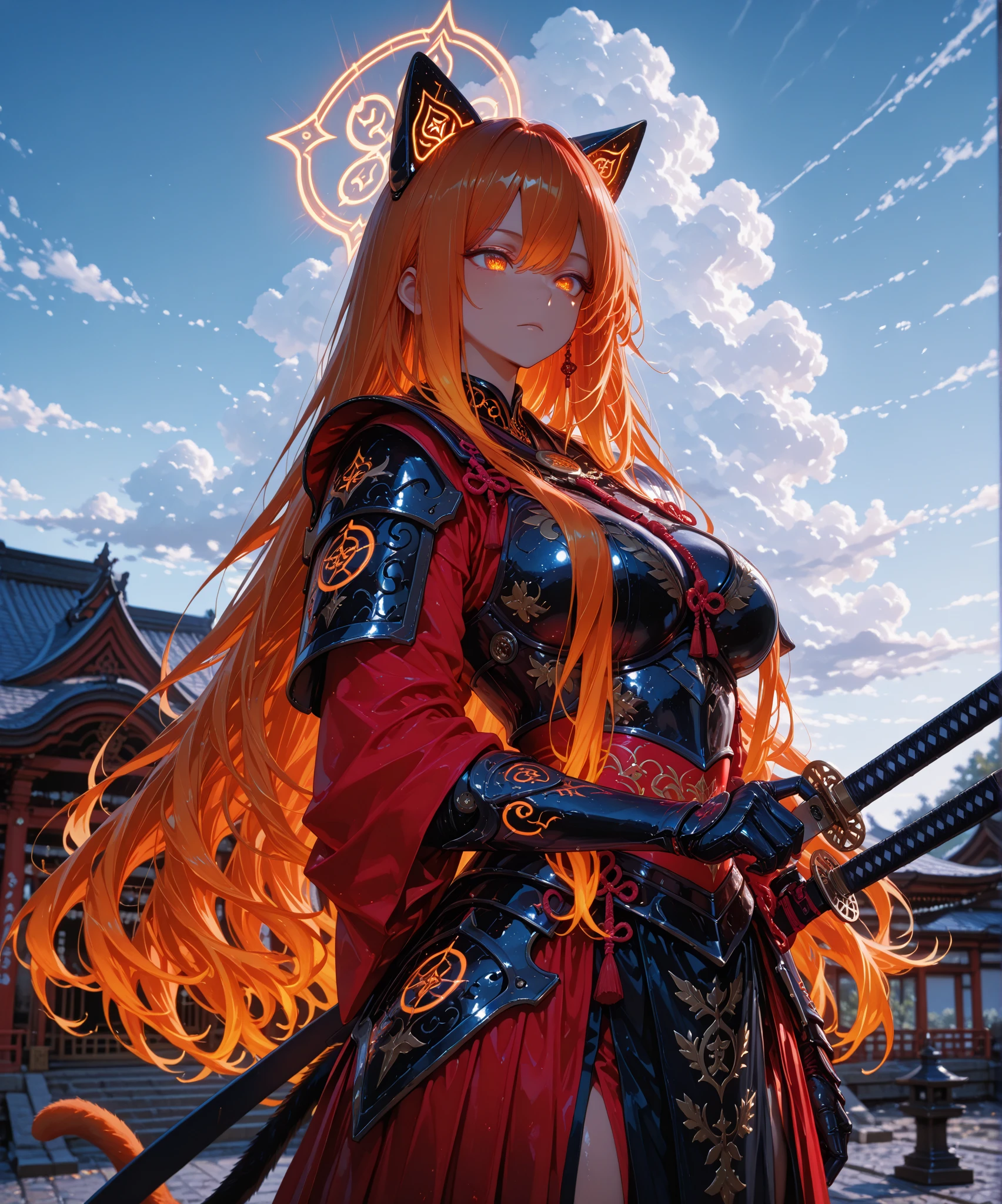 Rich Contrast, HDR,Dynamic lighting,748cmstyle, fine trait,Beautiful Gorgeous Magician Neko-Girl, med , very long long long wavy Orange hair, cat ears, cat tail, handling a magic katana, in  pose dynamic, Armor in red Steel, Photographic, nice hd well drawn green-cat eyes, Best Quality, eyesHD, high gradient eyes, detailed eyes, high definition eyes, Effects/Lucid-Oil-Shine"
", cinematic lighting,,
intricate uniform detailing, full HD, 4K, HD, photographic-Nikon-D780, depth of field, in the divine light, Heaven mistic dimension, outdoor, Japan temple, intense blue sky with white clouds.
