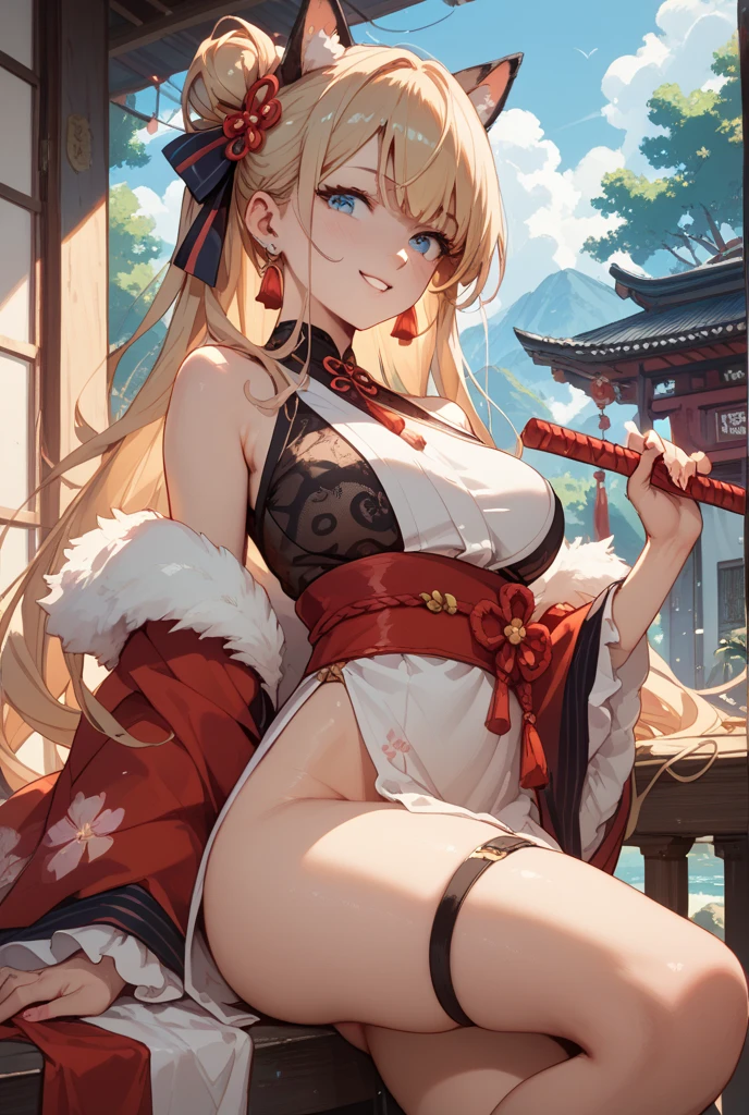 A woman with light beige hair, hair with different ends, short hair with different ends, red eyes, red kimono with gold details, exposed shoulder, large breasts, exposed thighs, wearing traditional golden Japanese jewelry, golden Japanese jewelry on her head, stockings long black, kitsune ears, kitsune tail, multi-tail, female slipper, in a Japanese garden,, ultra resolution, masterpiece, perfect quality, very detailed, 4k hd