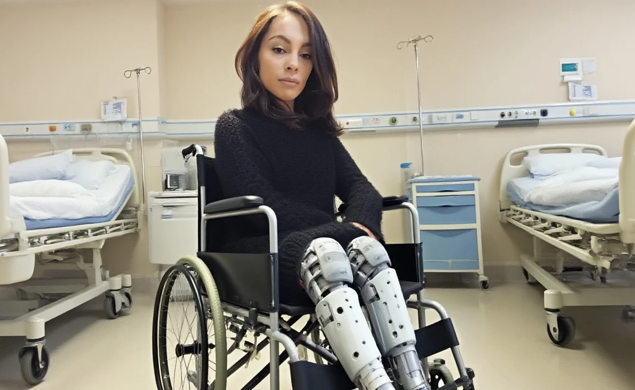 arafed woman in a wheelchair with a cast on her neck, prostheses, artificial limbs, beutiful white girl, prosthetics, big belly, big breasts, diapers