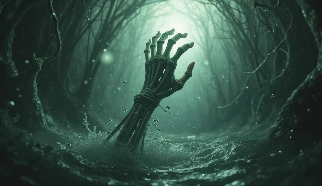 A zombie hand emerging from a misty lagoon.