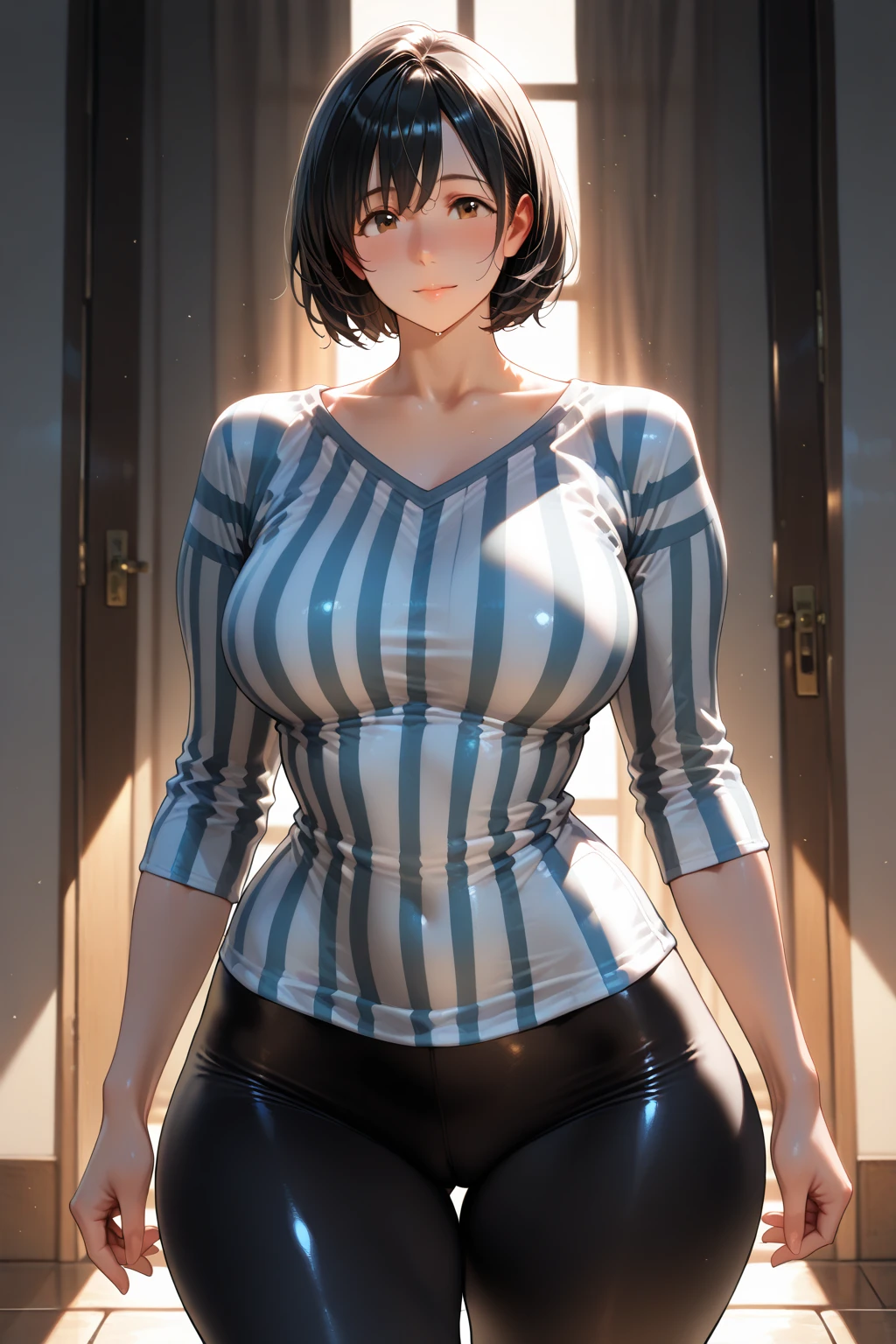 1 girl in the school gymnasium, 2, detailed costumes, light and sheer gym clothes, (Nice illustrations: 1.4), (Masterpiece: 1.0), (Best Quality: 1.4), (Ultra High Resolution: 1.2), (Photorealistic: 1.4), (8k, RAW Photos: 1.2), (Soft Focus: 1.4), (18 Y: 1.3), (Sharp Focus: 1.4), (Artistic Awakening: 1.4), Beautiful facial details, (((wet body)), half squat, (skin spots: 1.2), (skin stains: 1.2), (skin dentation), black eyes, 1 woman, 25 years old, ((((female)))), solo, real, best quality, photorealism, masterpiece, 8K, high resolution, solo, highly detailed face, (professional lighting, bokeh), (light particles, lens flare, glowing particles: 0.6), (dynamic pose :1.2), Soft lighting, Top angle view, Fashionable and trendy atmosphere, Japan, Street, City, Tokyo, Minato, (Daytime)), Sky, ((Viewers: 1)), (Viewing Camera), (Portrait: 0.6), Cowboy Shot, Gorgeous, Standing, Wide Shoulders, Full Body, (Big Breasts), (Short Hair), Brown Hair, Floating Hair, Braided Hair, Lips, Lipstick, seductive smile, floating hair, smile, open_mouth, teeth, eyelashes, moles, (moles under eyes: 1), plump body, plump breasts, bursting breasts, big breasts