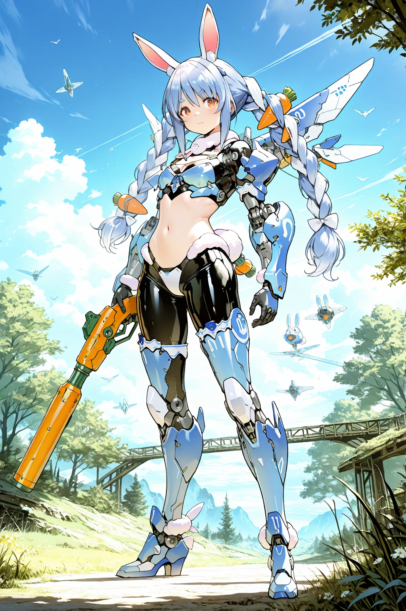 nsfw, shiny clothes, impossible bodysuit, skin tight, white bodysuit, fishnets,{{{{{mecha leotard armor}}}}}, artificial arm, { Absolute area } , spandex, ultra long black gloves, knee socks, {frilled arm}, {frilled knee}, {frilled leotard}, 20 year old woman, alone in the meadow, ,blue hair ponytail ,red eyes slanted eyes, from below, full body, ass focus/hip focus