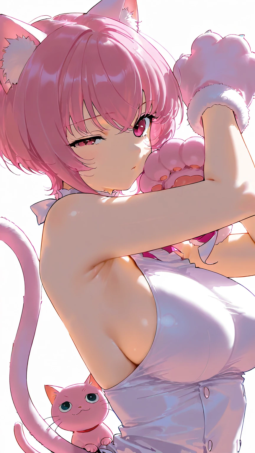 masterpiece, absurdres, best quality, illustration, extremely delicate and beautiful.
center opening, sideboob,
smile, happy, wink,
<lora:Nekomata Okayu:1>, nekomata okayu, cat tail, pink hair, cat ears, medium hair, hair ribbon, big breasts, white gloves, frilled choker, leotard, black thighhighs, cameltoe, arms up, thigh gap,