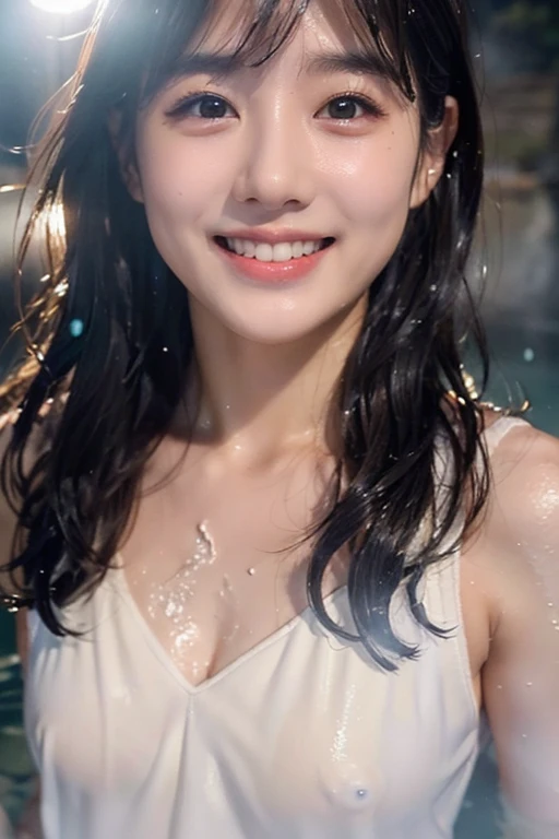 (Highest quality, 4K, 8k, High resolution, masterpiece:1.2), Very detailed, (Realistic, photoRealistic, photo-Realistic:1.37)、smile、Japanese、(Navy blue high neck sleeveless shirt)、(((Bukkake)))、Lips parted,