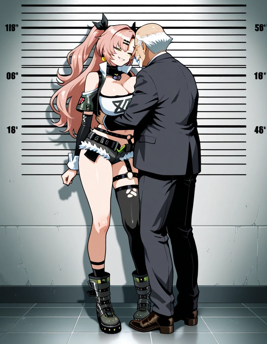 Yamato, open-toe platform heelless high heels, white crop-top, short shorts, cleavage, black lipstick, black eyeliner, black nails, dirt road, countryside, angry, crying, spiked collar, spiked wrist bracelets, leash on collar, spiked ankle bracelets, standing, ripped clothes, blushing