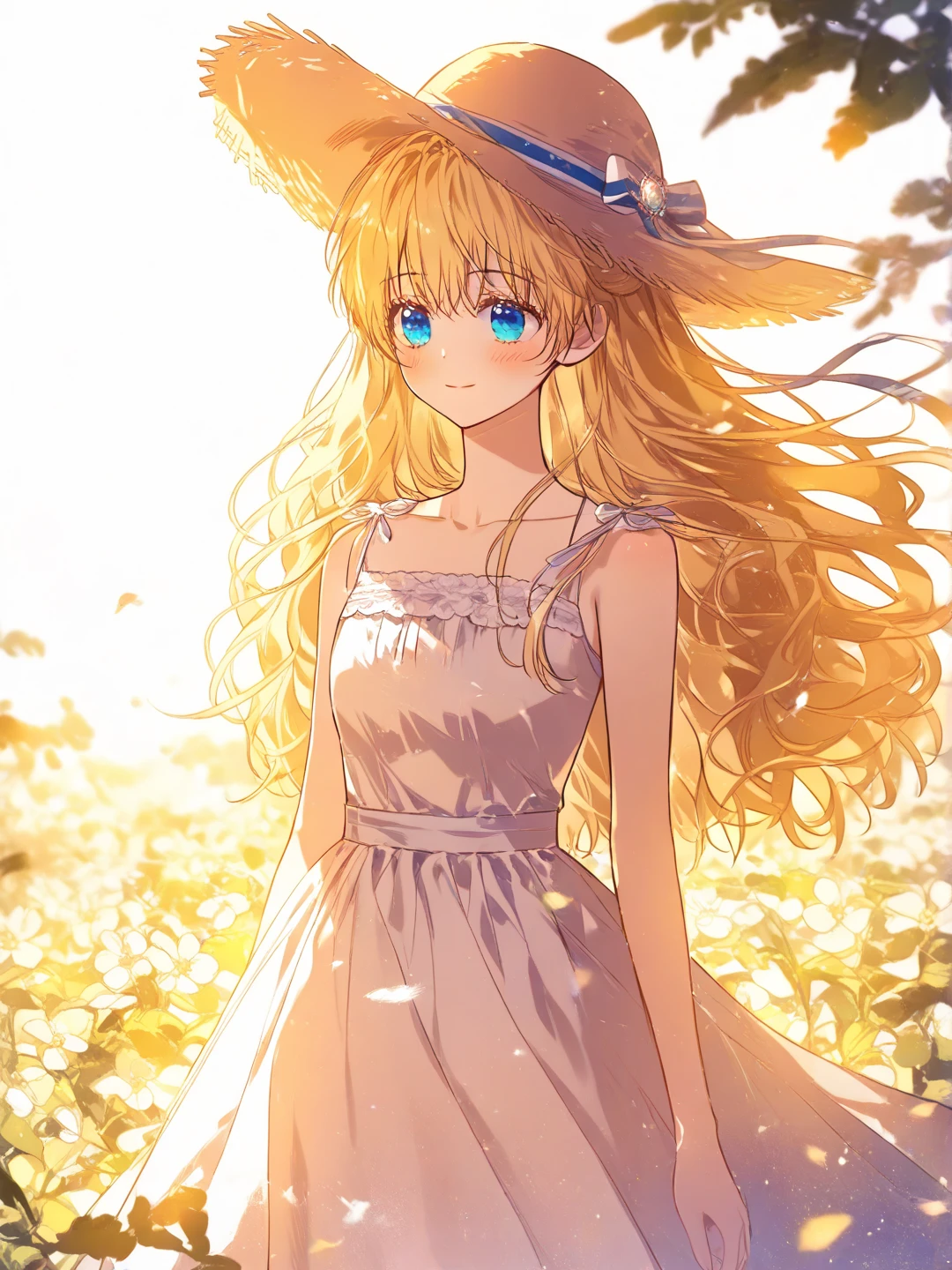 halfbody focus on girl, cinematic, golden lighting, day time, Beautiful and atmospheric, high contrast, (masterpiece, best quality:1.2), atmospheric details, (solo focus), (depth of field:1.2), absurdres, highres, soft lighting, soft shadows, manhwa flower field background, {1girl, young girl, long blonde hair, small , cute girl, jewel blue eyes, soft blush, bright smile, white sundress, flowy dress with no sleeves, cute straw sun hat}, standing in flower field