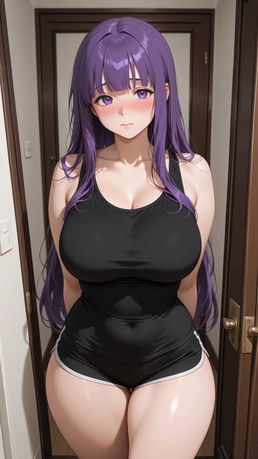 big eyes, small breasts, beautiful, (masterpiece:1.2), (best quality:1.2), (perfect eyes:1.1), (perfect face:1.1), smiling, perfect lighting, yoga pants, sports bra, purple hair, hairclip, arms behind back, mature female, large breasts, slight light smile,