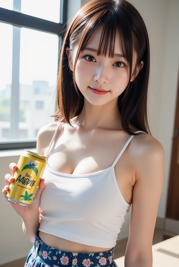 a lot of details, (slender waist), 30 years old, detailed black hair, beautiful detailed hair, super fucking beautiful, complex details beautiful and delicate eyes, perfect hands, (small breasts best quality), perfect and delicate limbs, detailed skin, best quality, ultra-detailed,(cheerful grin:1.3), sitting, half updo, (cream bathrobe:1.1), (has a can of beer in hand:1.3),(cleavage:1.1), in the living room, at night, cowboy shot, on right, front view, from above, soft lighting