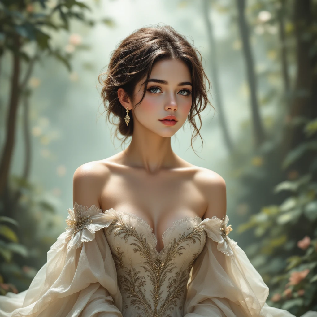 hot girl in fairytale dress,dark hair,sexy look