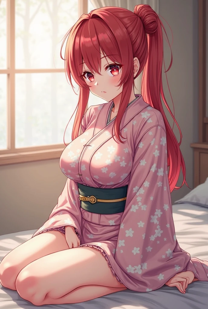 Masterpiece, Best Quality, High Resolution, Venus1, 1Girl, Solo, Tsuko Kamato, Bamboo, Gag, Hair (brown), Plaid Belt, Gag, Gag, Gradient Hair, Hair Ribbon, Haori, Japanese Clothing, Very Short Kimono, showing her underwear, big boobs, Long Hair, Looking at the Audience, Multicolored Hair, Pink Eyes, Very Short Pink Kimono, showing her bra, Pink Ribbon, Ribbon, Solo, (((Masterpiece)), Forehead, sitting on a japanese bed with leg wide open, Cute puffing cheeks,  seducing, Eyes wide, slim waist, sexy posing, slim tight,