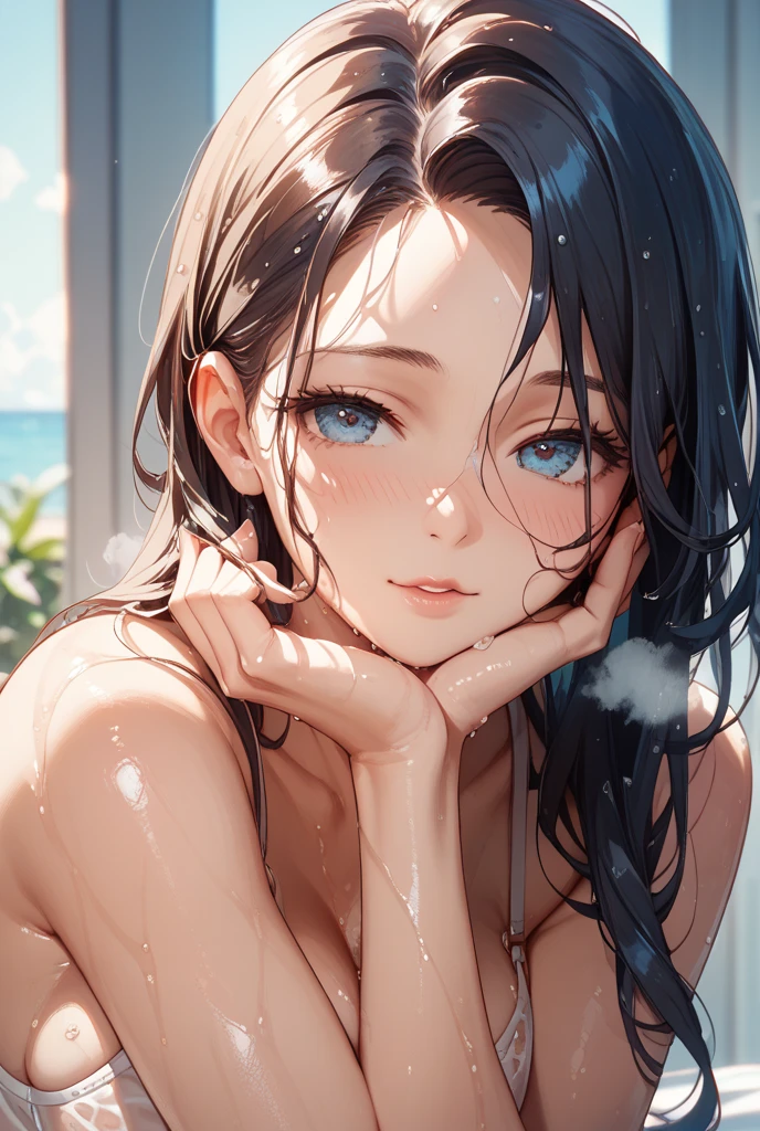 girl, sweat, medium breast, shy, detailed hand, looking at viewer, lips apart, dynamic shadows, transparent clothes