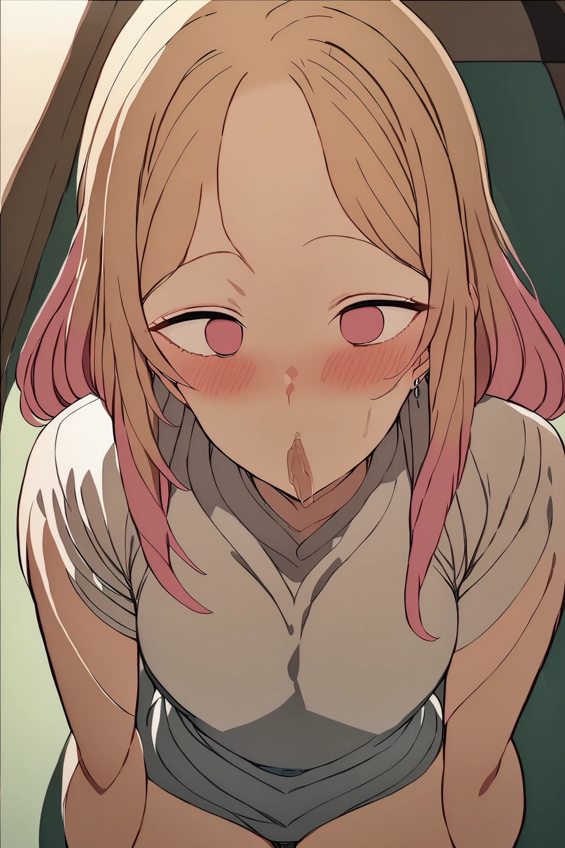 Masterpiece、8K、Clearly defines the overall facial contours,Depict the whole body,,Pink hair、Sweat、Oily skin、Twin tails、Fine skin、Looking up、blush、Stretching out the tongue、Open your mouth wide、field
