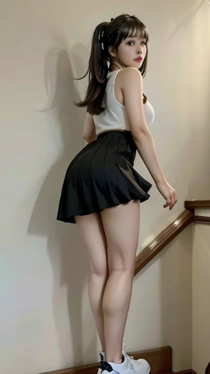 8k,Highest quality,masterpiece:1.2,girl,whole body,Back view,Flared mini skirt,(Fluttering and swaying,No underwear:1.2),In the department store,
Climbing an escalator,Angle from below,