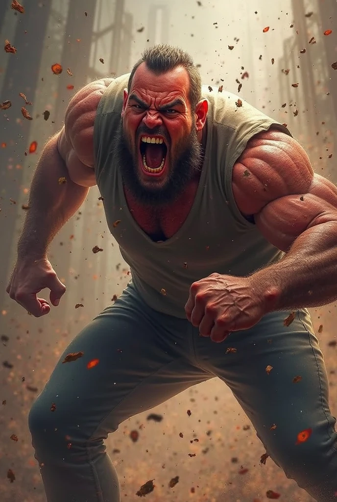 An extremely muscular man, with veins protruding from his powerful muscles, and red hair and beard. screaming in amazement and desperate fear, with open mouth screaming, Close up of his face in the background of the kitchen of a house