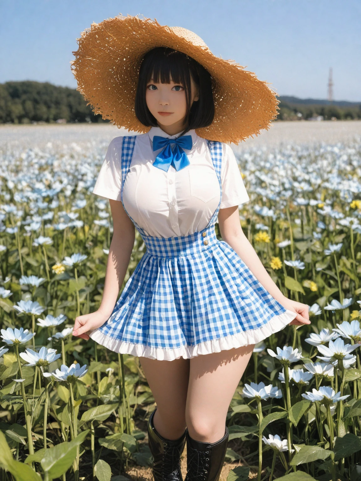 Japanese, high school girl, brown eyes, smiling face, young face, black hair, pigtails, blue ribbon hair ornament, cleavage, necklace, floral pattern blue and white short-sleeved dress, necklace, cleavage, blue miniskirt, black socks, blue shoes, blue sky and white cumulonimbus clouds, standing in front of a sunflower field, plateau view, foothills, nostalgic view, summer view, gravure photo shoot