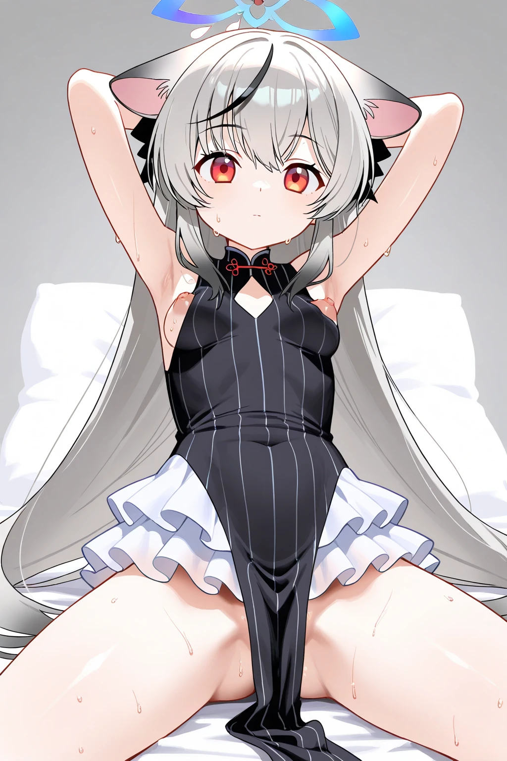 illustration, masterpiece, best quality, 2_girl, fox ears, soft silver pastel brown hair, two tails, high twin tails, black ribbons with gold edges, star hair ornament, star \(symbol\), low twintails, halo, bangs, bikini White, erotic, blush, smile, sparkle, full body, firm pose, T pose, the girl's clothes are just a transparent white blouse, no panties, white bed, (((dakimakura)))), dakimakura, the girl's height is 1.40 meters , slim body, thin waist, thin hips, uncensored, white background, (((perfect hands))), (((perfect feet))), (((Perfect fingers))), wallpaper