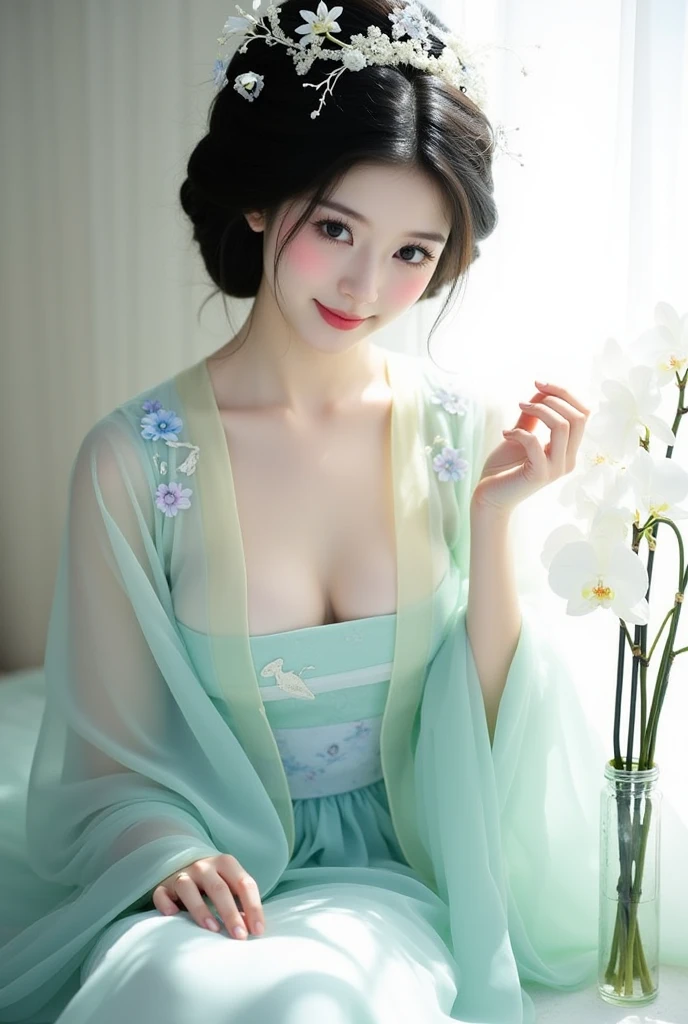 huge breasts：1.1,Fashion model 16 years old, [[[[boobgasm]]]], [[[[coll]]]], [[[[bshoulders]]]], perfect  eyes, Perfect iris，Perfect skin，Long face，Soft front light，HDlmgirl,White period costume，Green leaves and flowers in the background，（pastel colour：1.2）