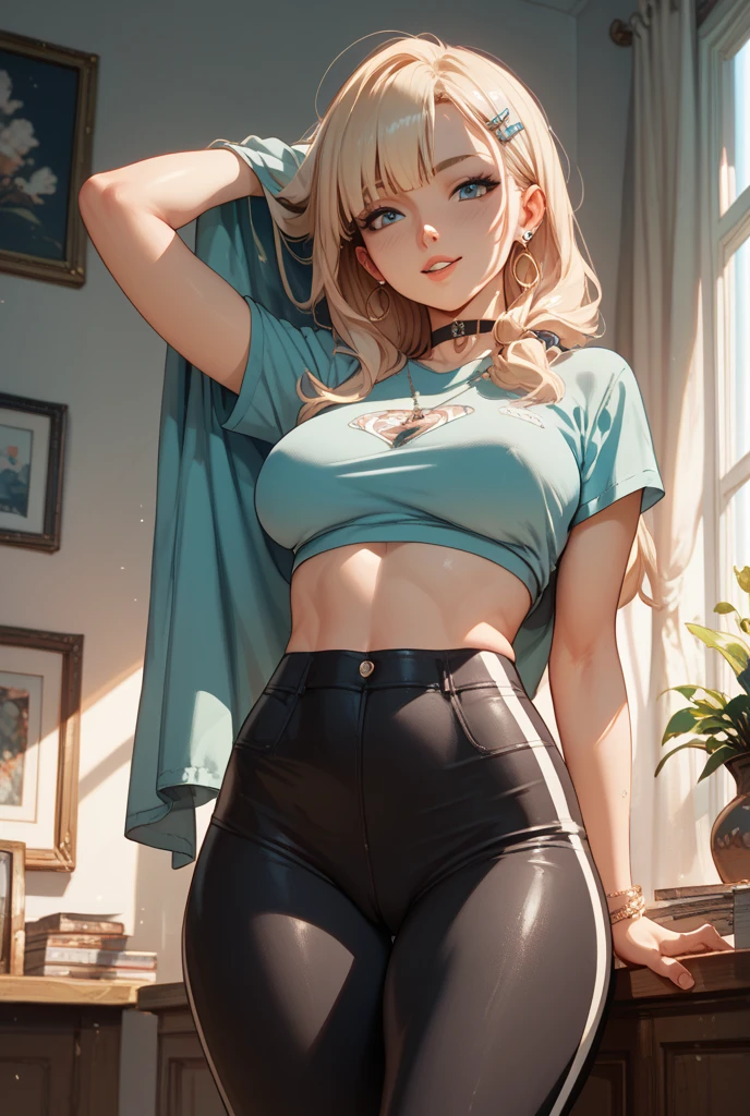 masterpiece, best quality, highres, ((Slim thicc waifu:1.3)), large breasts, elf, yellow eyes, blonde hair in short high ponytail, (black choker), (White sweater), jewelry, (ripped skinny jeans), long sleeves, cowboy shot, standing, field, smile, hands on face, hearts