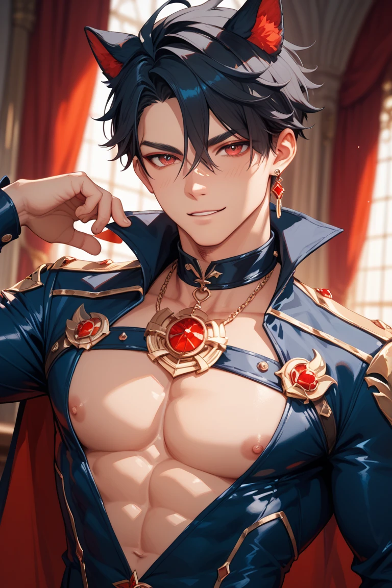 absurdres, highres, ultra detailed, HDR, master piece, best quality, perfect face, beautiful eyes, Wriothesley, black hair, expressive blue eyes, Genshin Impact, solo, sexy man, handsome, horny, lewd, vampire clothes, black cape, white gloves, accessories, showing the chest, vampire, fangs, luxurious room, night, window, red curtains, petals, magical, fantasy, Nu Carnival