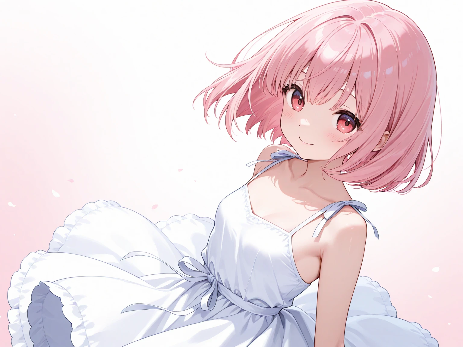 Anime girl in white dress with pink hair and blue eyes, loli in dress, (Anime girl), cute anime waifu in a nice dress, zerochan art, Beautiful anime girl, Guviz, ethereal anime, anime moe art style, Guweiz in Pixiv ArtStation, pretty anime girl, Sakura Kinomoto, sakura petals around her, lollipop
